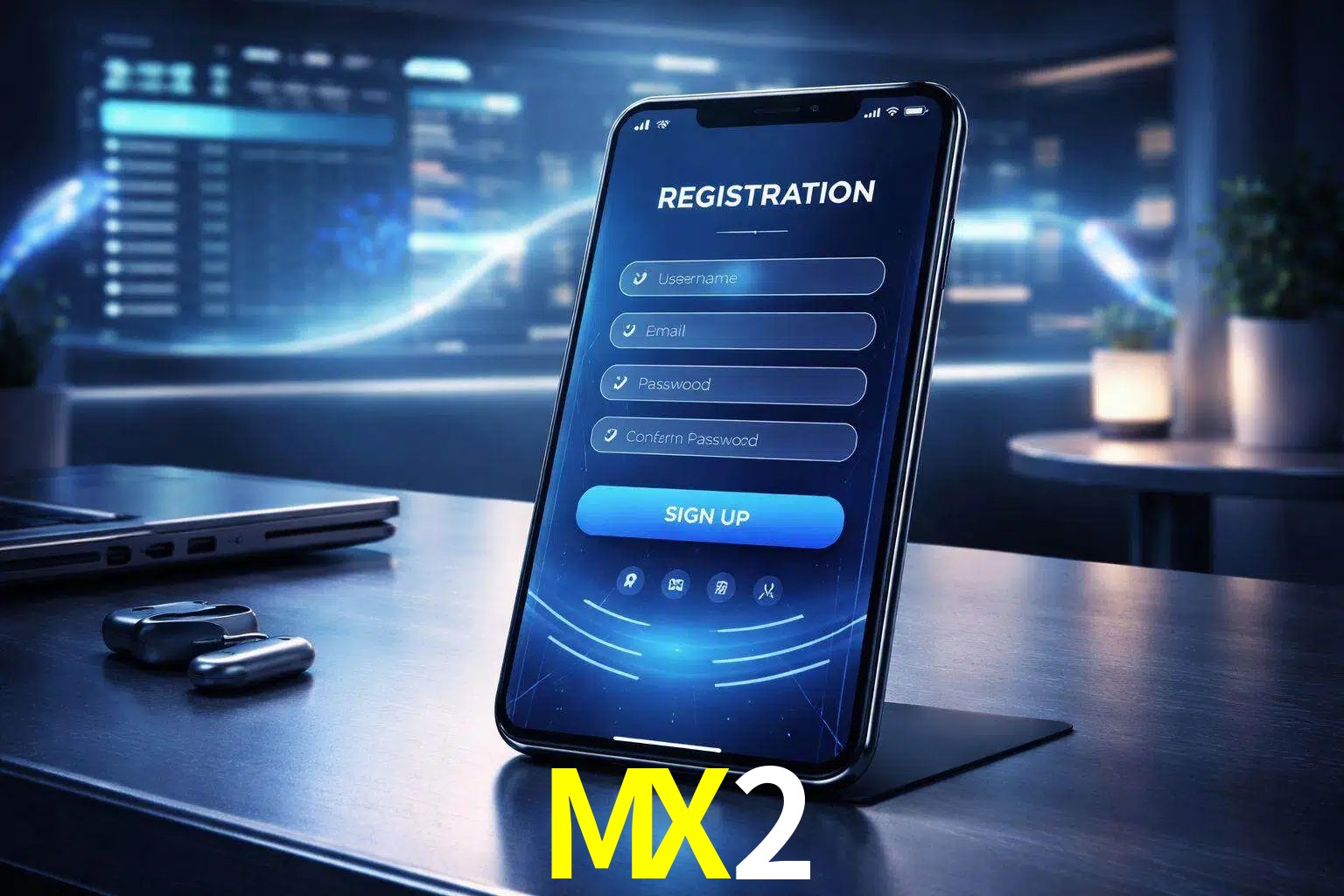 Una interfaz moderna de registro móvil para MX2 mostrada en un smartphone con un panel de apuestas elegante.